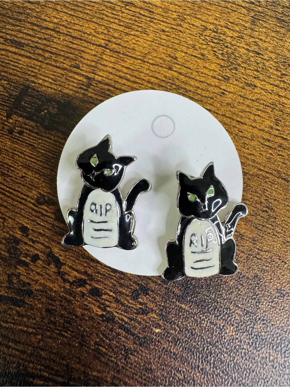 Black Cat Enamel Earrings with Green Eyes - Rip
